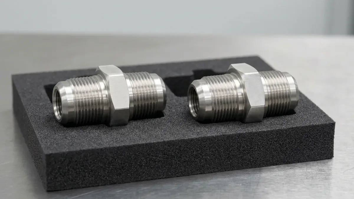 Two CNC-turned 303 stainless steel hexagonal hydraulic adapter fittings machined from cold-finished bar stock in an EVA tray