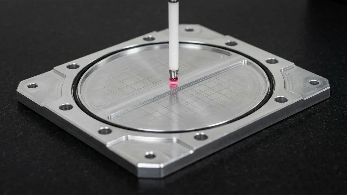 Bridge CMM ruby stylus verifying surface flatness across a CNC-milled 6061-T651 aluminum plate vacuum manifold