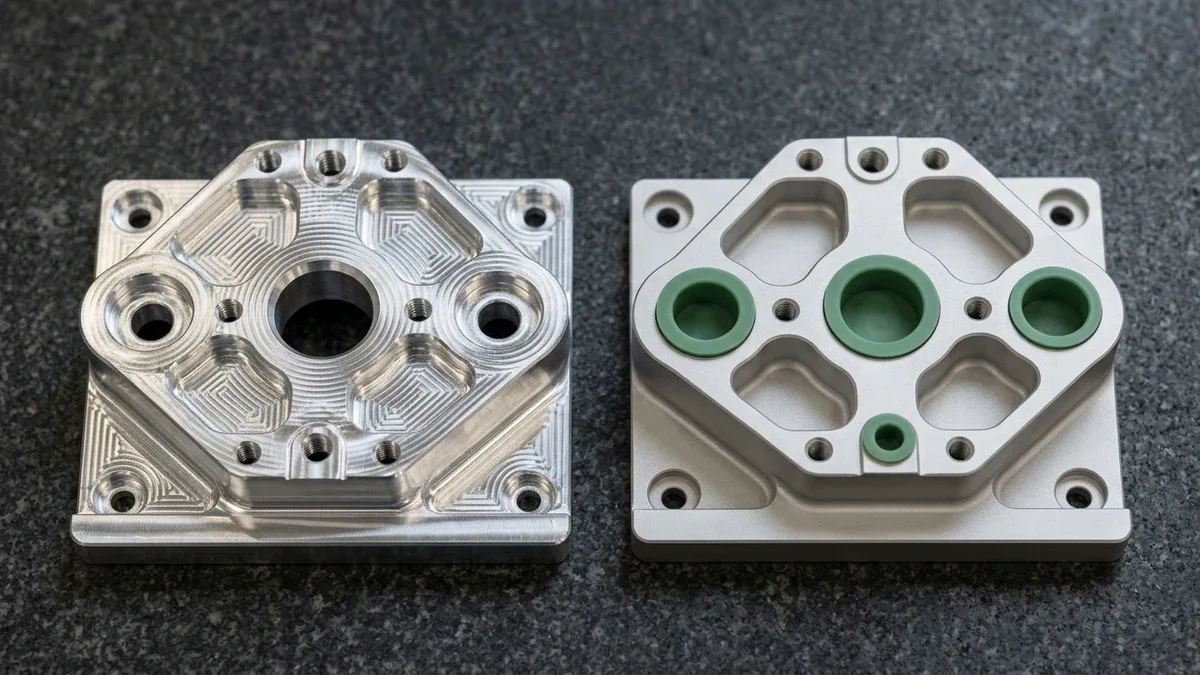 Post 9034 Img1 As Machined Vs Bead Blasted Brackets Macro comparison of an as-machined 6061-T6 aluminum bracket and a matte glass-bead-blasted bracket with masked bores