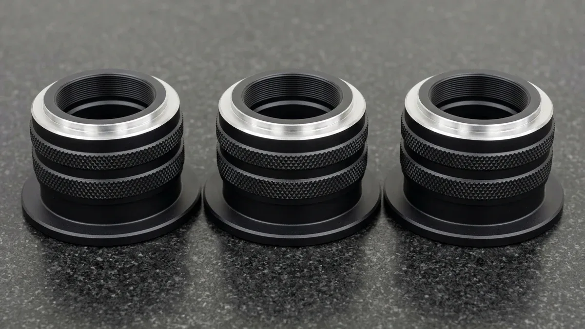 Post 9034 Img2 Matte Black Anodized Bead Blasted Barrels Three glass-bead-blasted and matte-black anodized 7075-T6 aluminum optical lens mount barrels with diamond knurling
