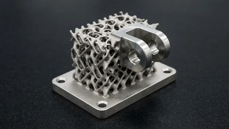 DMLS 3D-printed Ti-6Al-4V titanium aerospace actuator bracket with gyroid TPMS lattice core and CNC-milled clevis ears