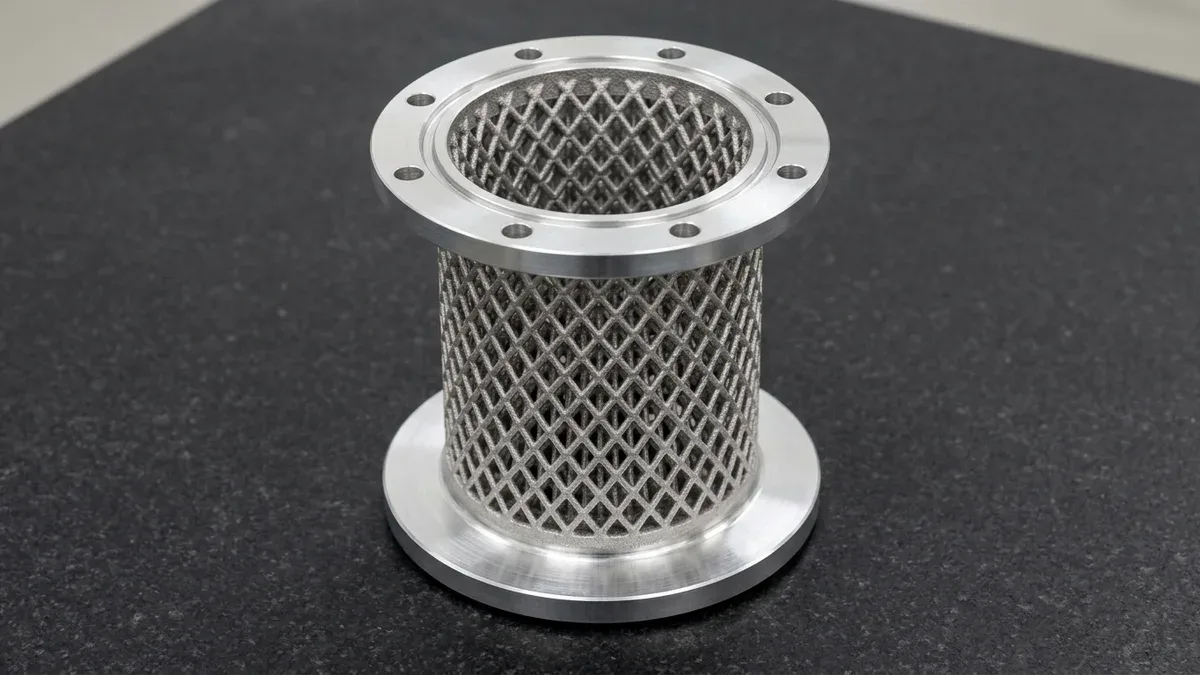 DMLS 3D-printed AlSi10Mg aluminum cylindrical heat-exchanger core with self-supporting diamond lattice struts and CNC-milled sealing flanges