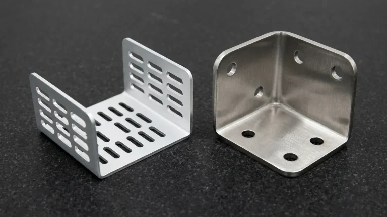 Precision sheet metal 1.5mm 5052-H32 aluminum U-bracket with laser-cut slots beside a 4.0mm 304 stainless steel gusset