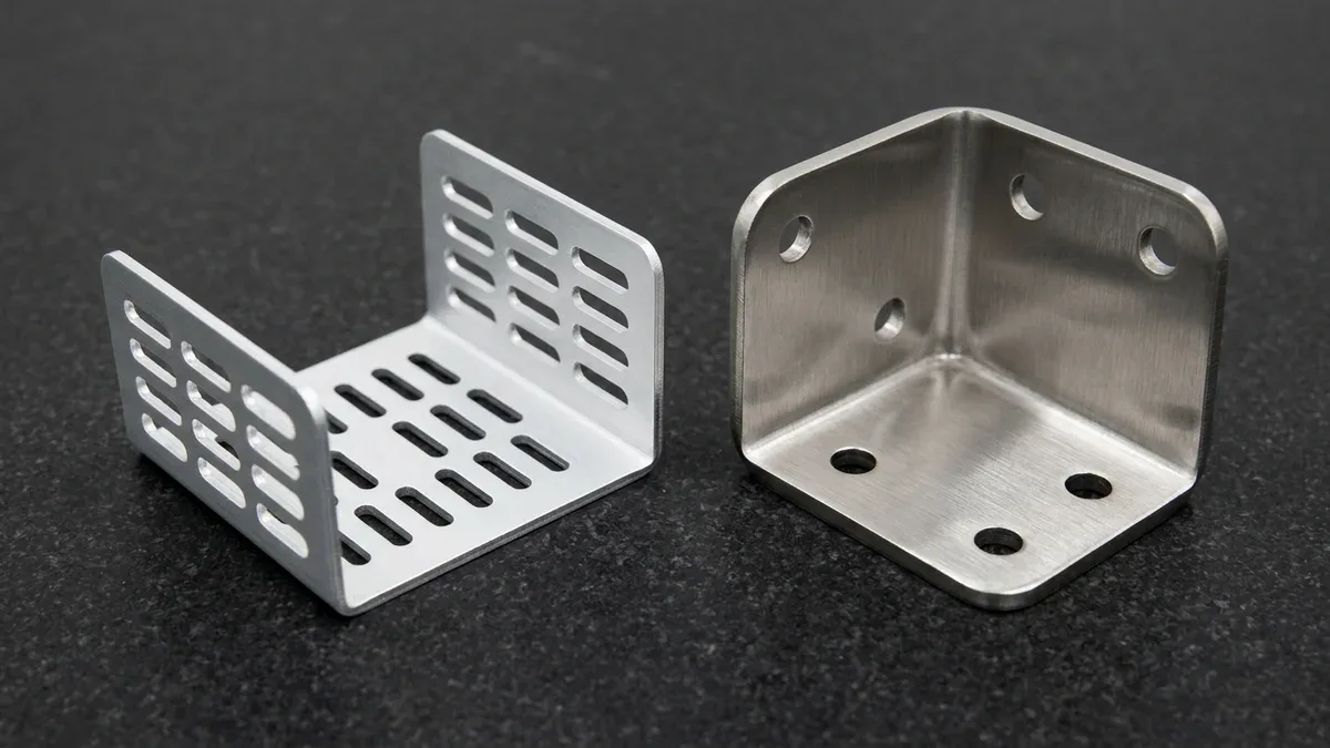 Precision sheet metal 1.5mm 5052-H32 aluminum U-bracket with laser-cut slots beside a 4.0mm 304 stainless steel gusset