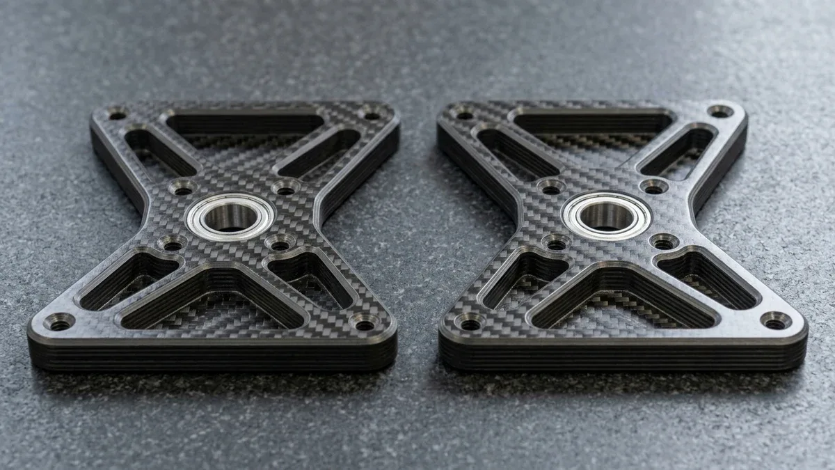 Pair of CNC-machined 4.0mm twill-weave CFRP carbon fiber drone motor arm brackets with pressed-in bearings