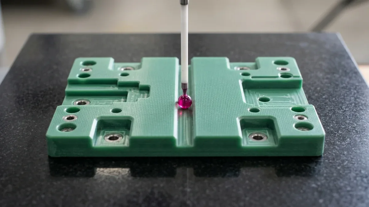Bridge CMM ruby stylus verifying slot tolerances on a CNC-machined green G10 FR4 electrical insulation plate