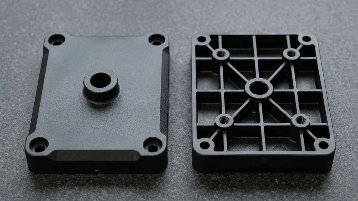 Two matte-black injection-molded engineering thermoplastic structural brackets resting flat on dark granite showing a sink-free cosmetic exterior face and a cored-out underside with uniform wall thickness and stiffening ribs