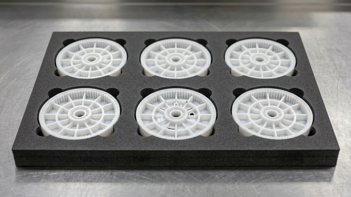 Six injection-molded white POM acetal precision gear housings featuring uniform radial wall-coring anti-sink pockets