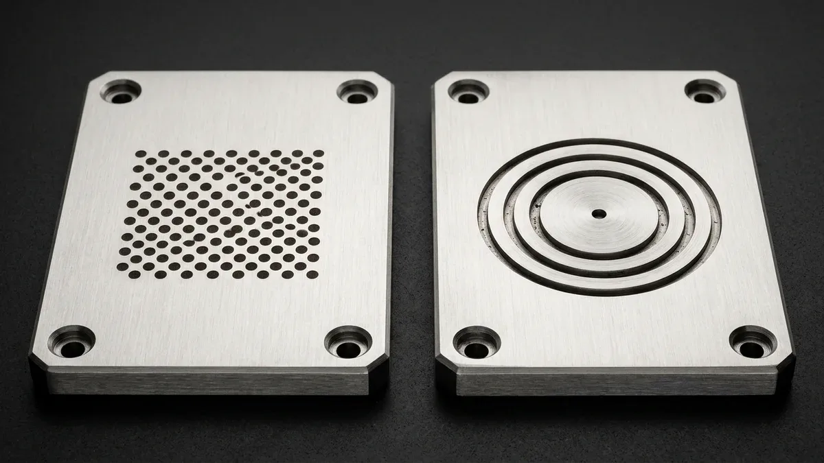 Two brushed 316L stainless steel manifold plates comparing shallow laser-etched dot-matrix against deep laser-engraved concentric grooves
