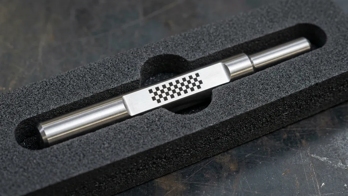 Passivated 316L stainless steel stepped surgical instrument shaft featuring a dark laser-annealed geometric checkerboard mark