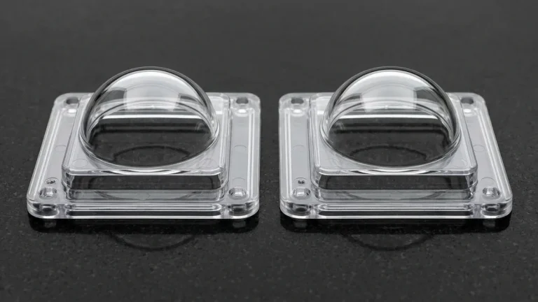 Two optically clear injection-molded polycarbonate industrial sensor dome housings with uniform walls on black granite
