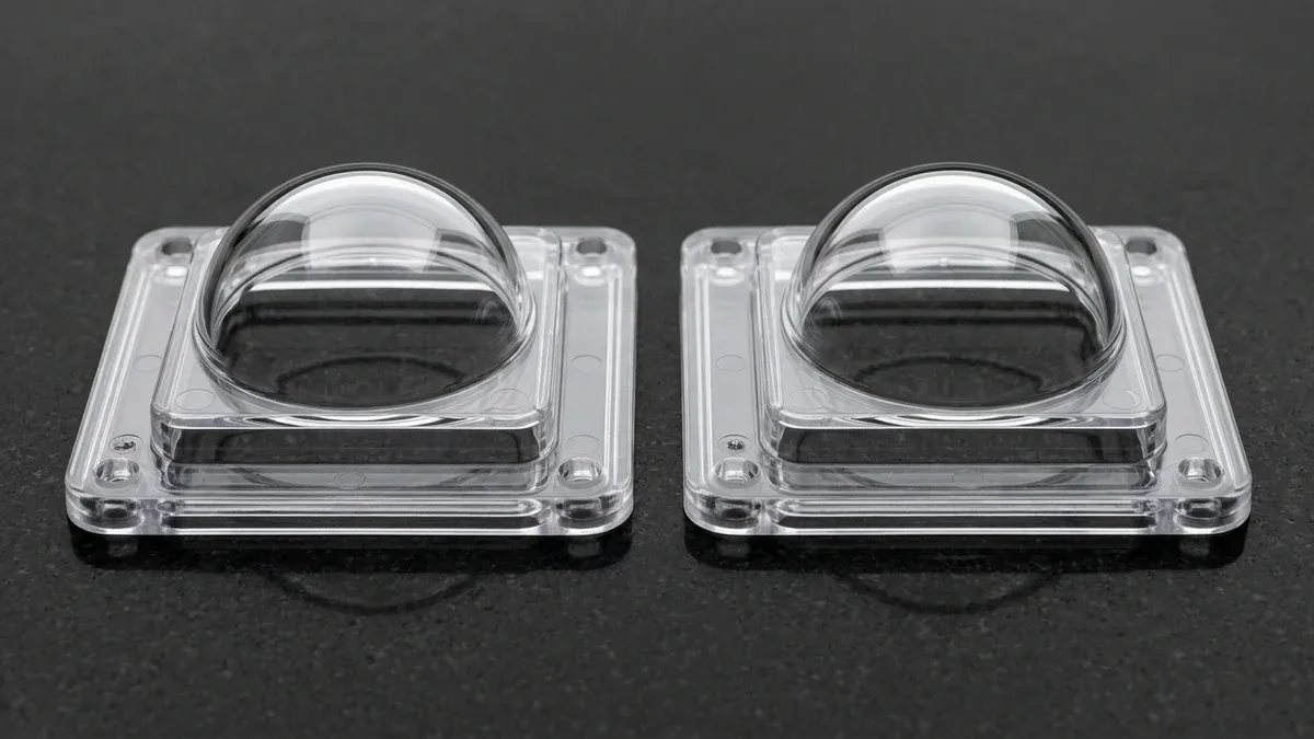 Two optically clear injection-molded polycarbonate industrial sensor dome housings with uniform walls on black granite