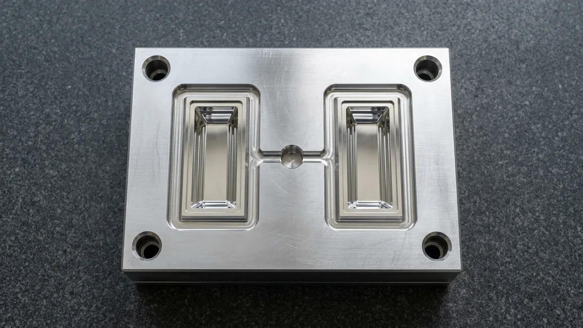 Precision CNC-machined S136 stainless tool steel optical injection mold cavity block with diamond-polished cavities and fan gates