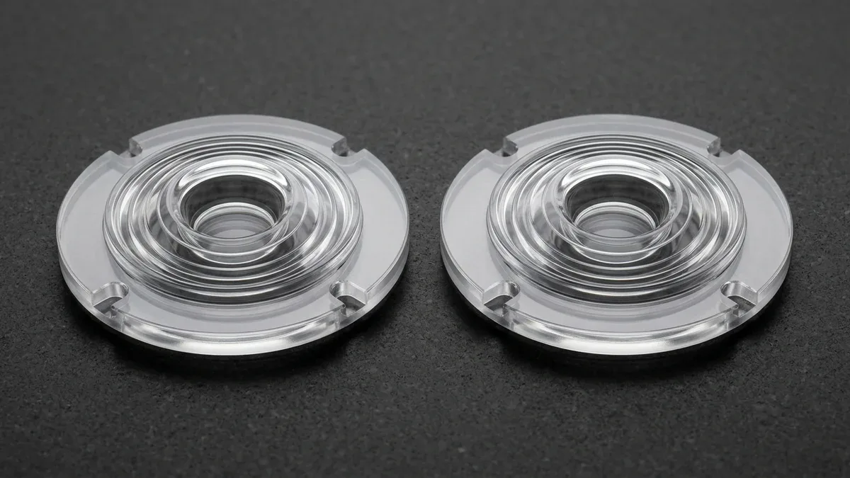 Two optically clear injection-molded polycarbonate circular total-internal-reflection collimator lenses resting flat on black granite