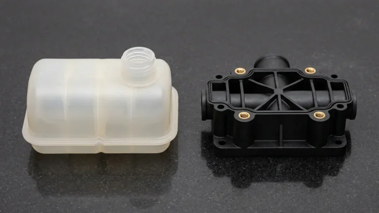 Translucent HDPE blow-molded expansion tank and black PA66-GF30 injection-molded pump manifold with knurled brass inserts