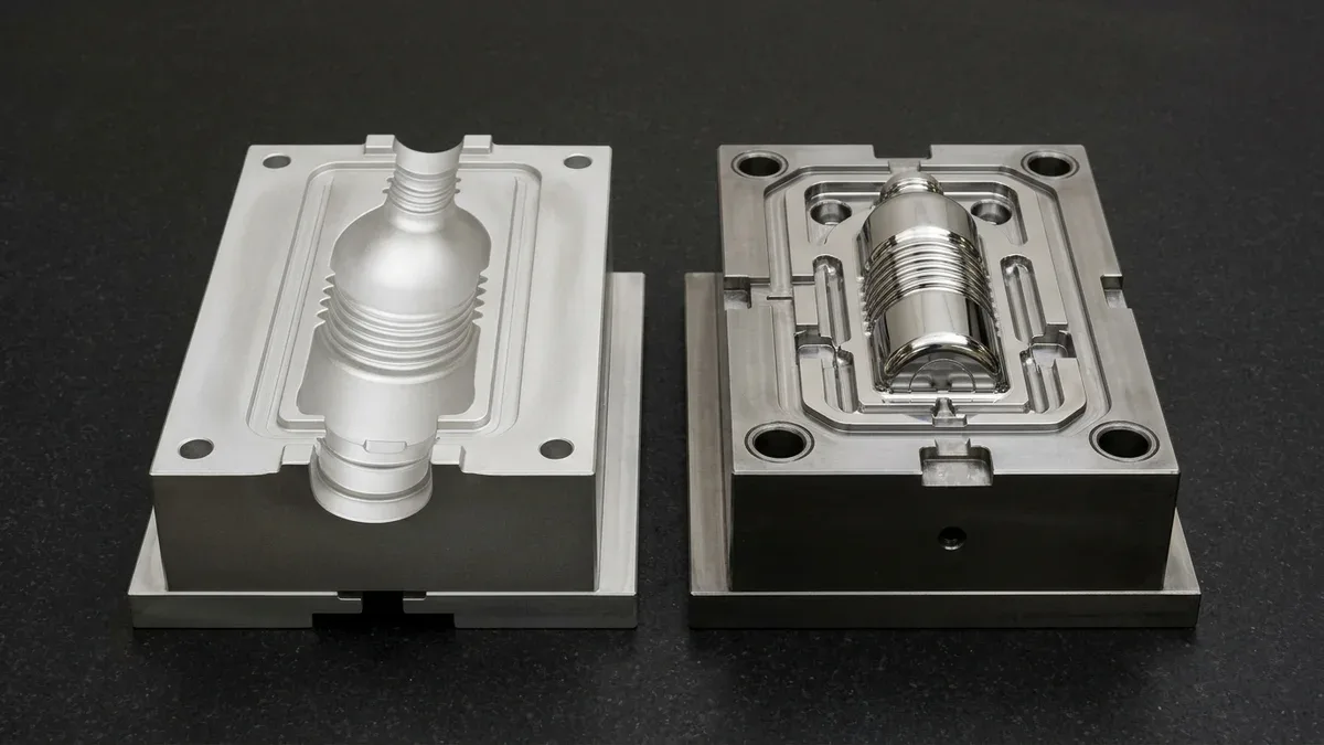 CNC-machined 7075-T651 aluminum split blow-mold cavity block beside hardened H13 steel injection mold core insert