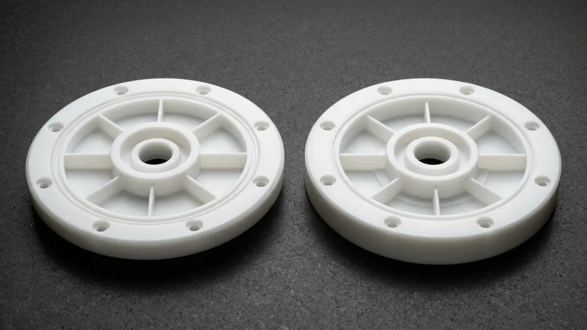 Matched white POM injection-molded rotary pump hub shells showing radial stiffening ribs and ultrasonic weld rims