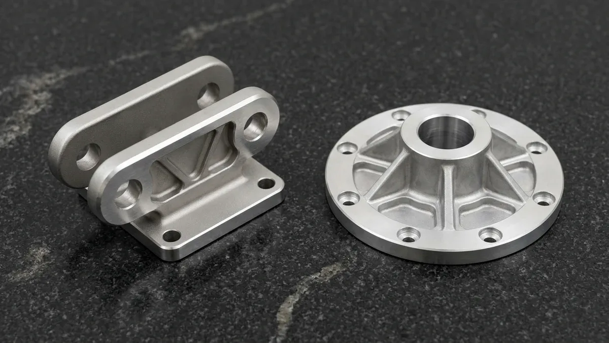 Lost-wax investment-cast 17-4PH stainless clevis yoke beside high-pressure die-cast ADC12 aluminum rotary flange hub