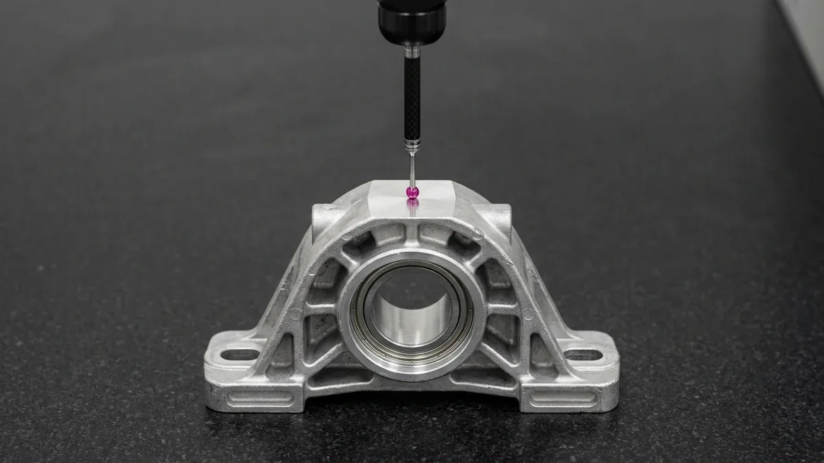 High-pressure die-cast A380 aluminum pillow-block bearing housing undergoing vertical bridge CMM ruby probe verification