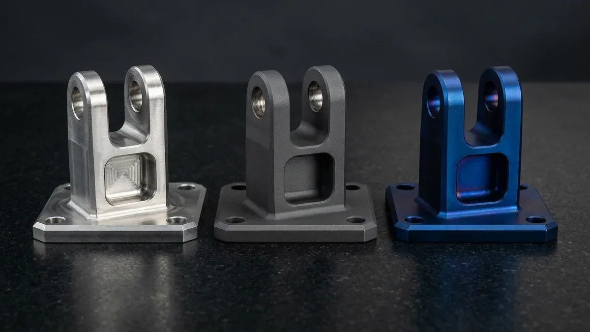 CNC-machined Ti-6Al-4V titanium clevis brackets comparing as-machined, matte gray Type II, and blue Type III anodized surfaces
