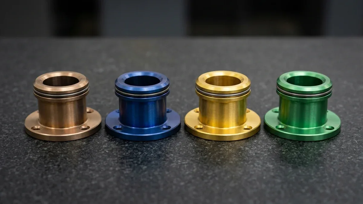 CNC-turned Ti-6Al-4V titanium stepped flanged bearing bushings displaying bronze, blue, gold, and green Type III interference anodized finishes