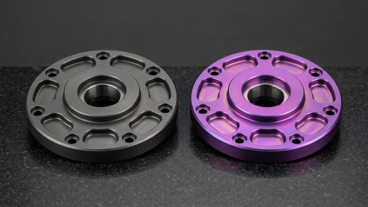 CNC-machined Ti-6Al-4V titanium rotary adapter flanges comparing dark gray AMS 2488 Type II and magenta Type III anodizing