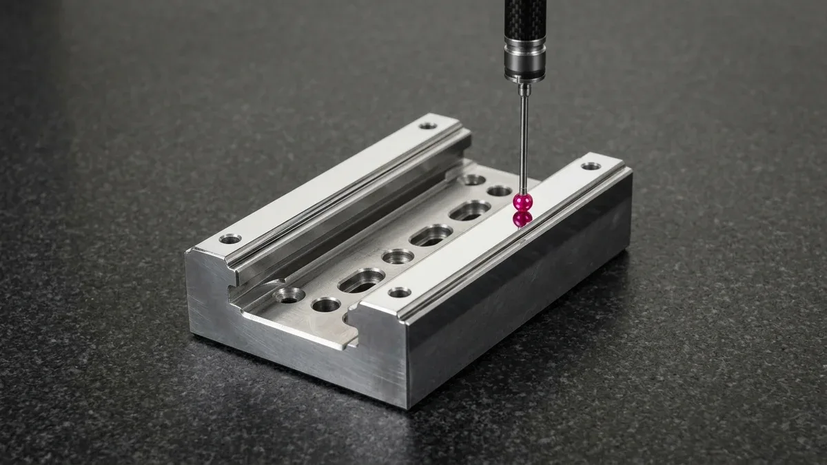 Post-plate surface-ground hard-chrome-plated D2 tool steel C-channel linear guide block inspected by vertical CMM ruby probe