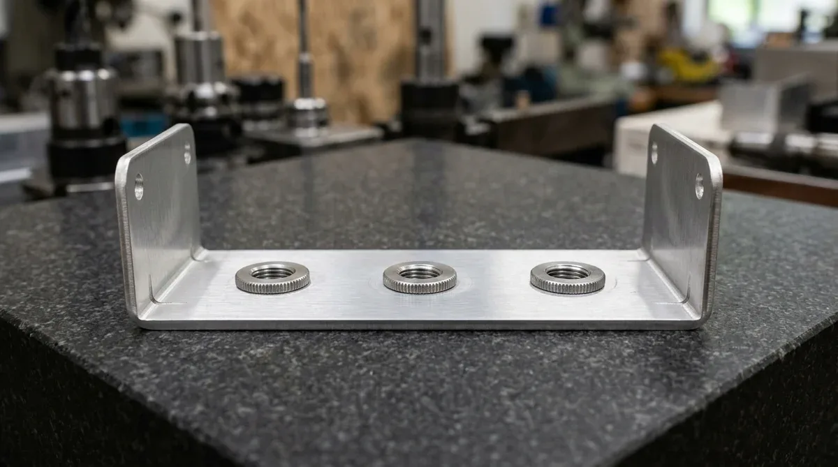 Precision CNC sheet metal bracket in 1.5mm 5052-H32 aluminum with 90-degree bends and flush circular knurled PEM self-clinching nuts on granite plate