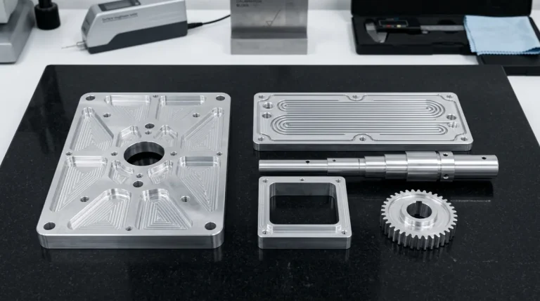 Precision CNC machined 6061-T6 and 7075-T6 aluminum prototype components lying flat on dark granite inspection plate