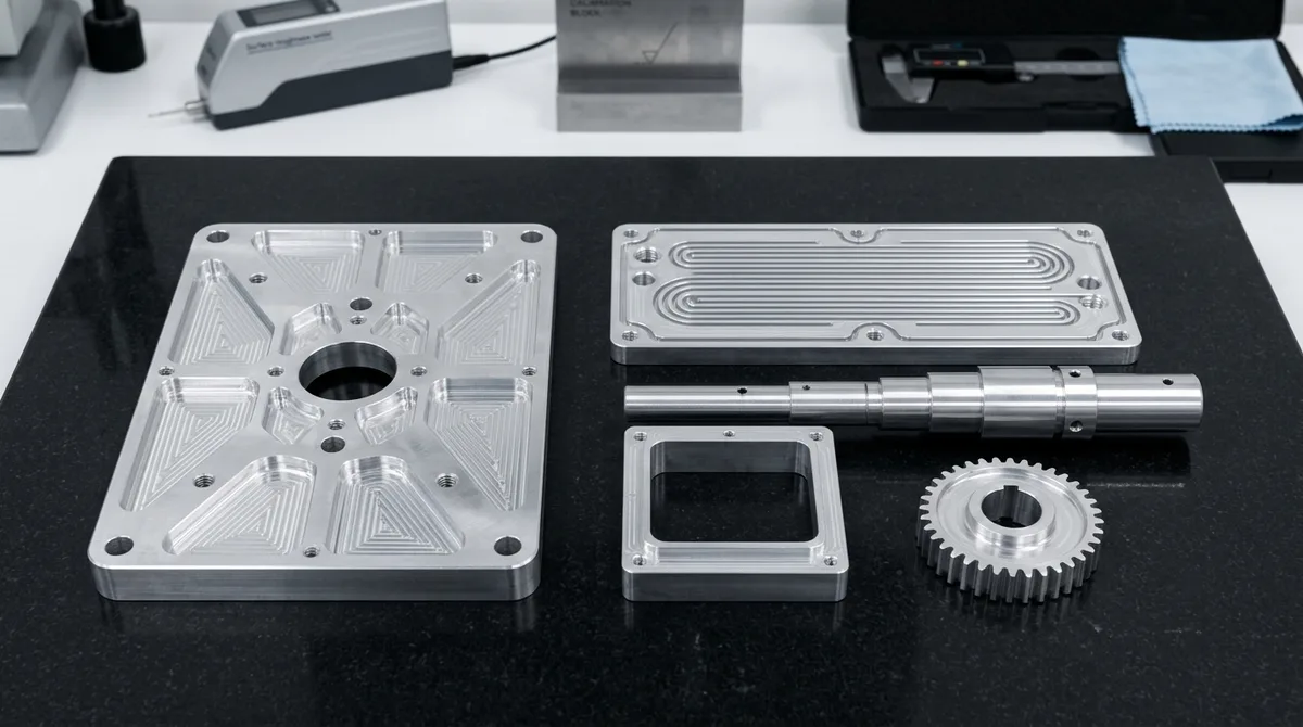 Precision CNC machined 6061-T6 and 7075-T6 aluminum prototype components lying flat on dark granite inspection plate