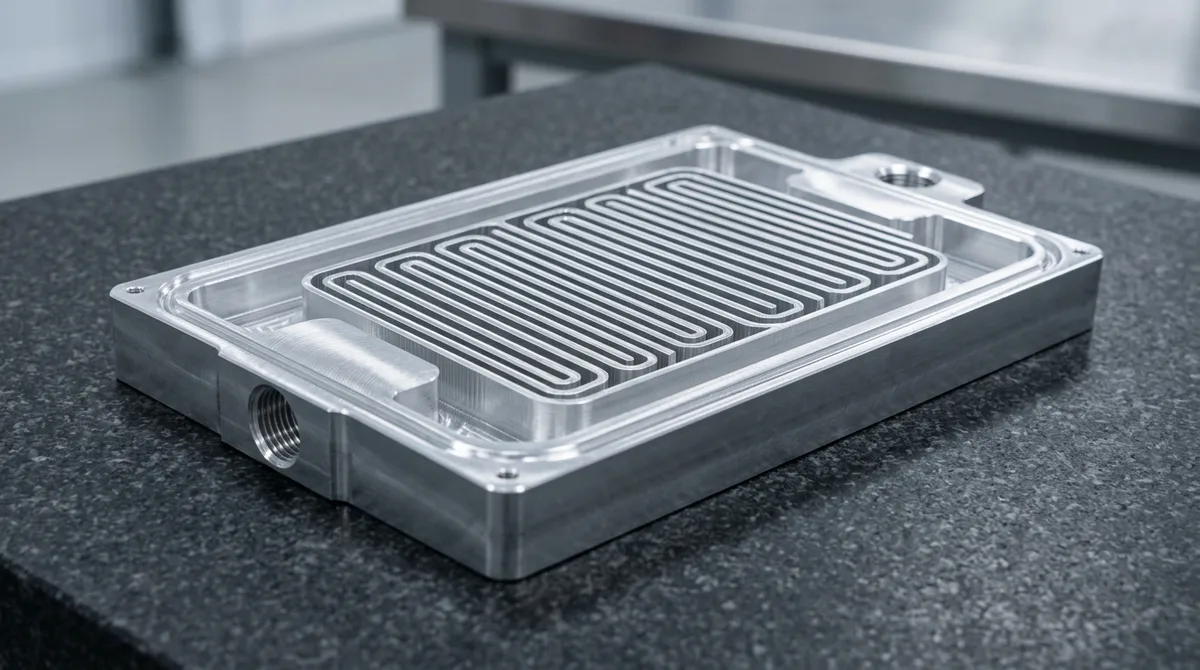 Precision CNC machined 6061-T6 aluminum liquid cold plate prototype with serpentine micro-channel fluid paths and perimeter O-ring groove on granite plate