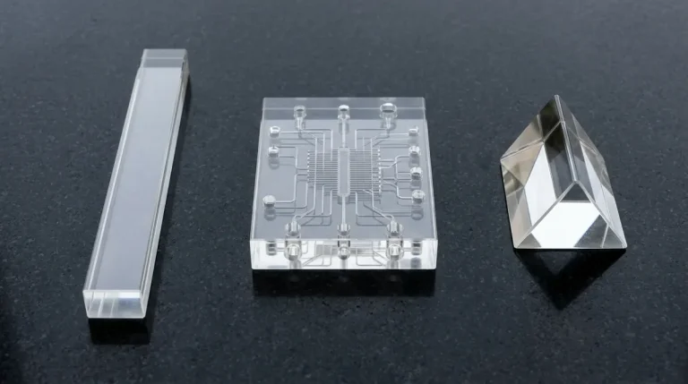 Precision CNC machined clear optical PMMA acrylic components including light guide and microfluidic manifold resting flat