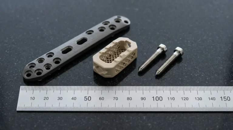 Precision CNC machined biocompatible medical device prototype components including titanium bone plate, PEEK spinal cage, and Swiss-turned screws lying flat on dark granite surface plate