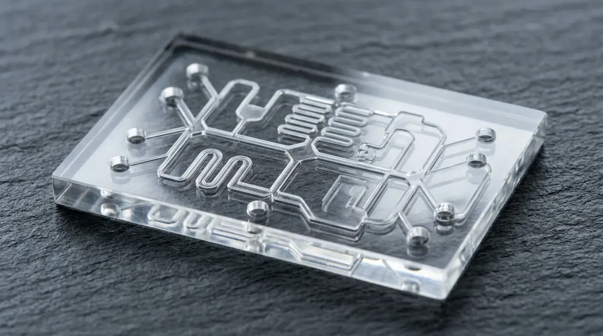 Precision CNC micro milled cast PMMA acrylic microfluidic diagnostic chip manifold with fine channels