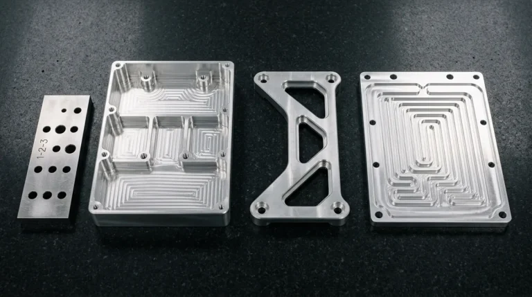 Precision CNC milled 6061-T6 and 7075-T6 aluminum components displaying pocketed ribs and serpentine flow channels