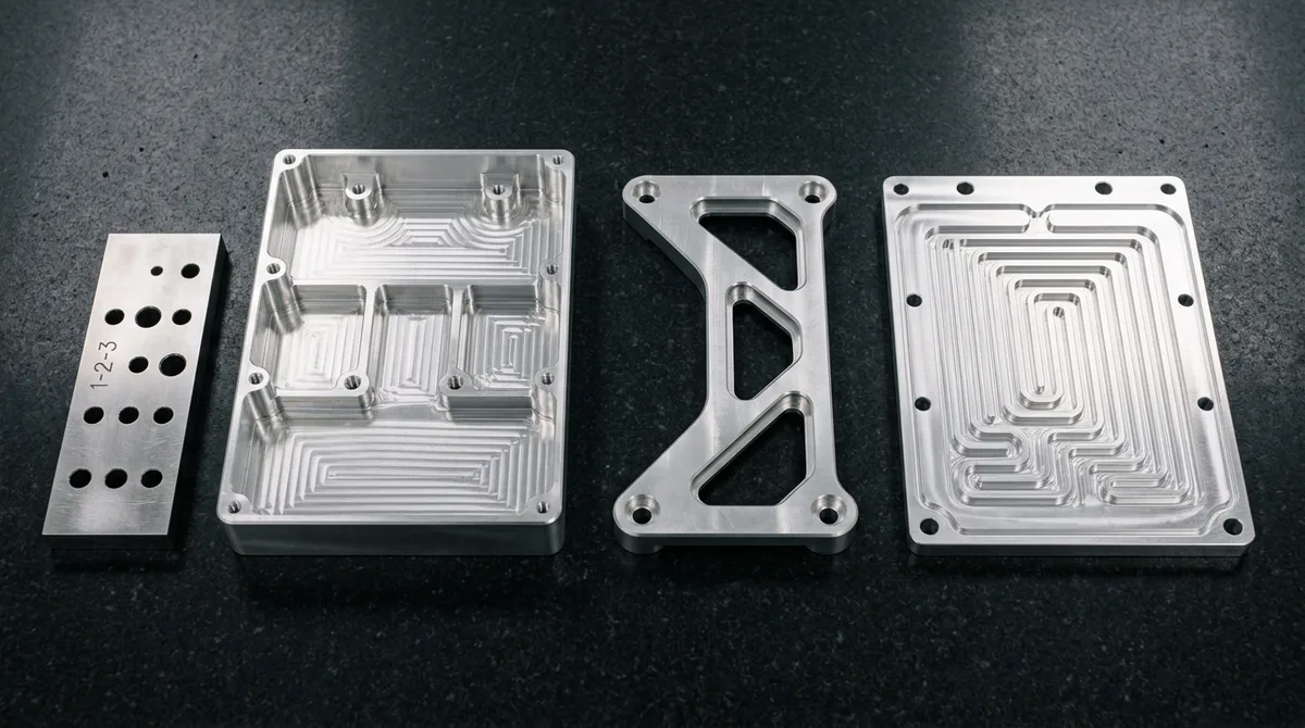 Precision CNC milled 6061-T6 and 7075-T6 aluminum components displaying pocketed ribs and serpentine flow channels