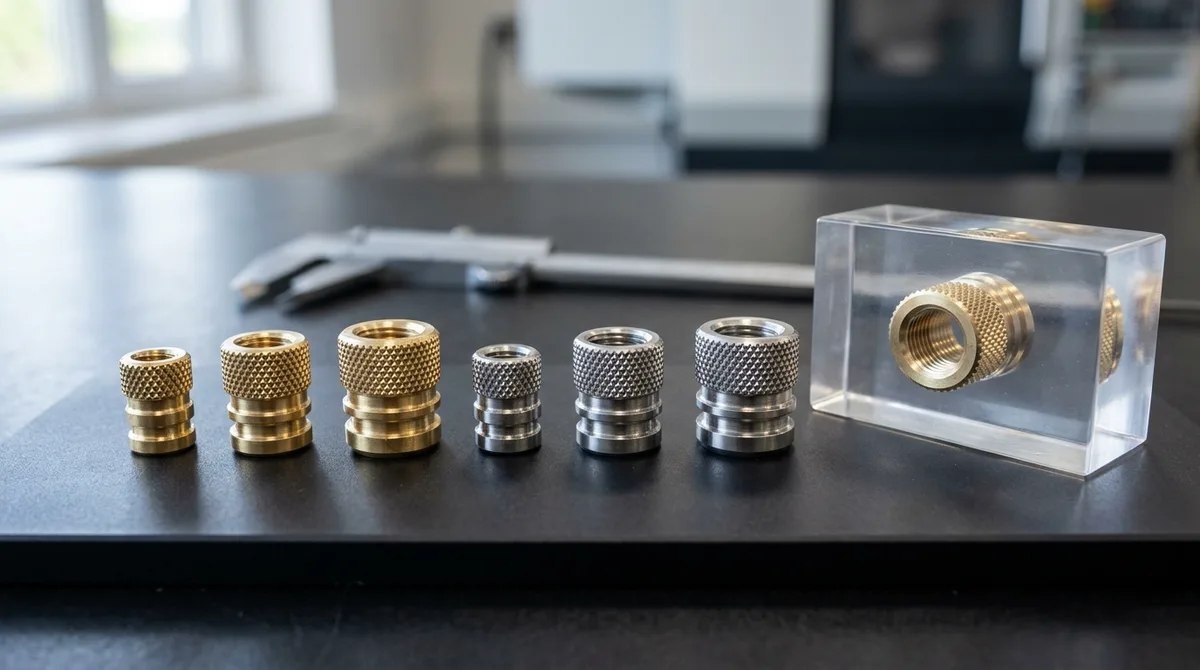 Precision CNC turned brass and stainless steel threaded inserts with DIN 82 diamond knurling alongside a transparent overmolded test block