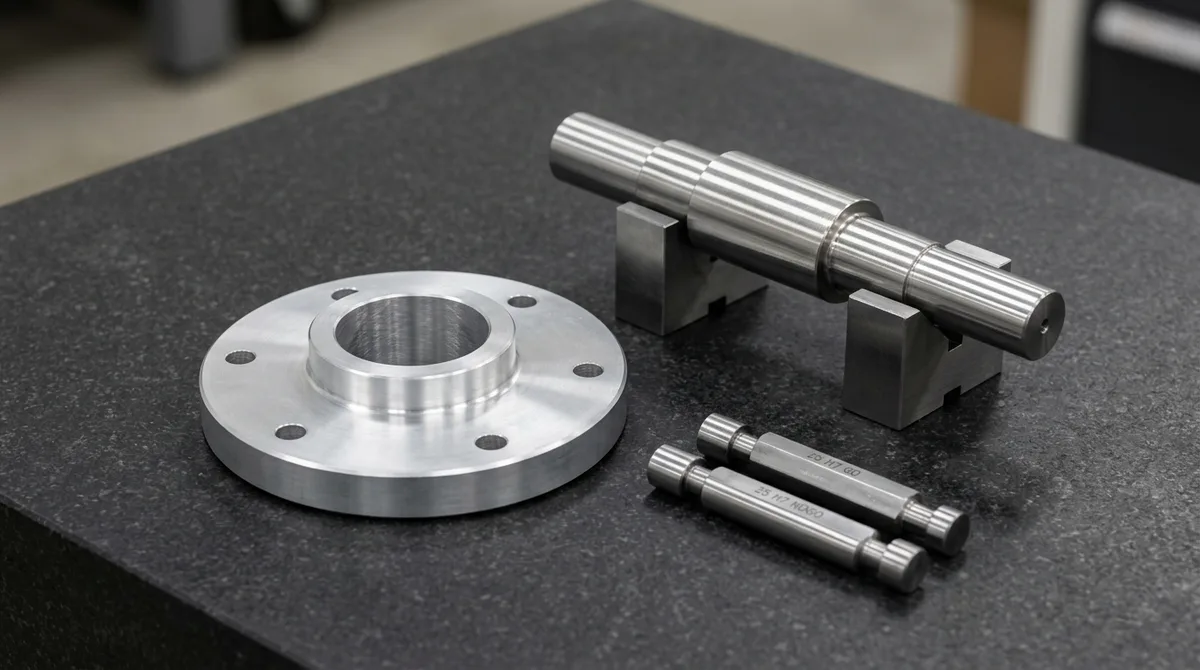 Precision CNC turned 316L stainless steel stepped shaft and 6061 aluminum bored flange demonstrating ISO H7 and g6 clearance fit engagement