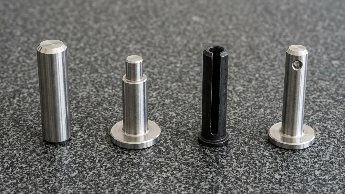 Four upright stainless and black-oxide fastener pins: ground dowel, flanged stepped, slotted spring, and clevis pin.