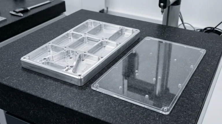 Precision CNC machined aluminum chassis and optical cover prototype assembly lying flat on granite inspection surface plate