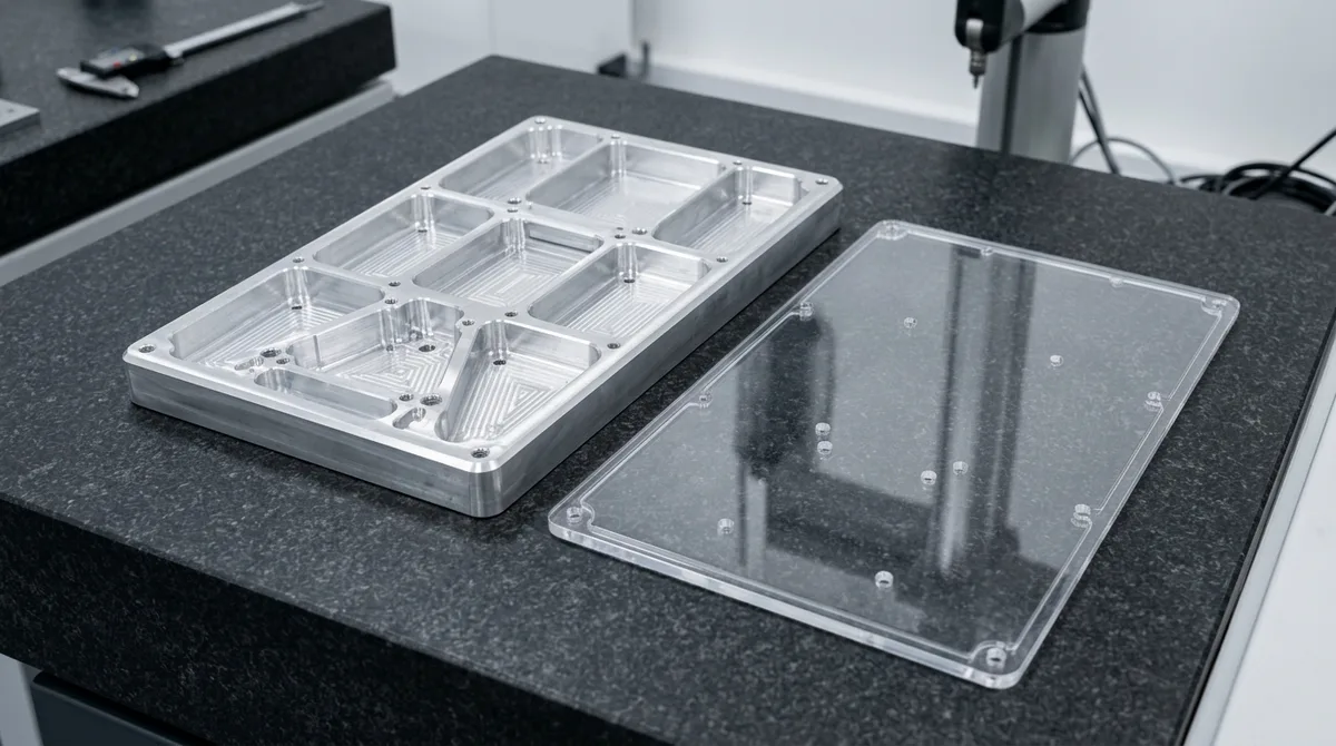 Precision CNC machined aluminum chassis and optical cover prototype assembly lying flat on granite inspection surface plate