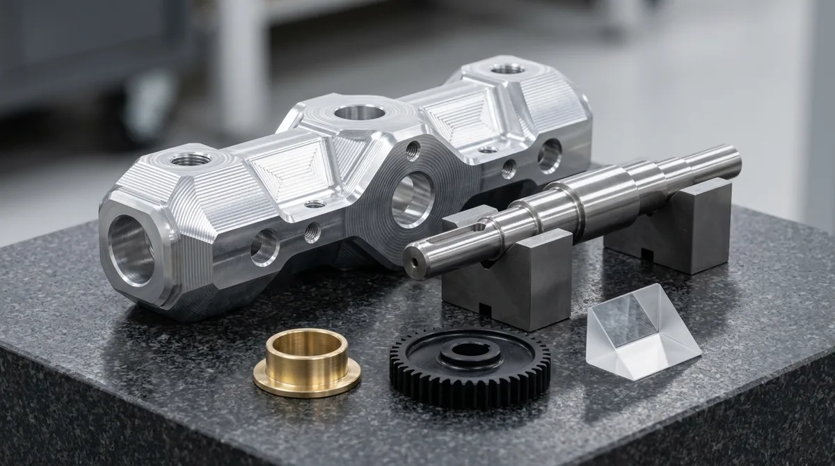 Precision hardware prototype engineering subassemblies including 5-axis CNC milled aluminum manifold chassis, ground steel drive shaft in V-blocks, flanged brass bushing, POM gear, and optical prism on granite surface plate