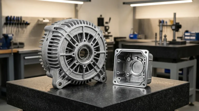 High-Pressure Die Cast Aluminum Motor End Frame and Machined Electronic Enclosure on Granite Metrology Plate