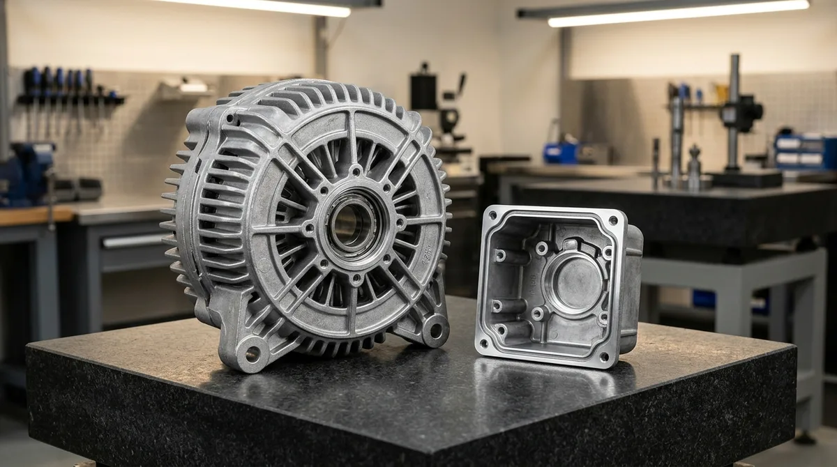 High-Pressure Die Cast Aluminum Motor End Frame and Machined Electronic Enclosure on Granite Metrology Plate