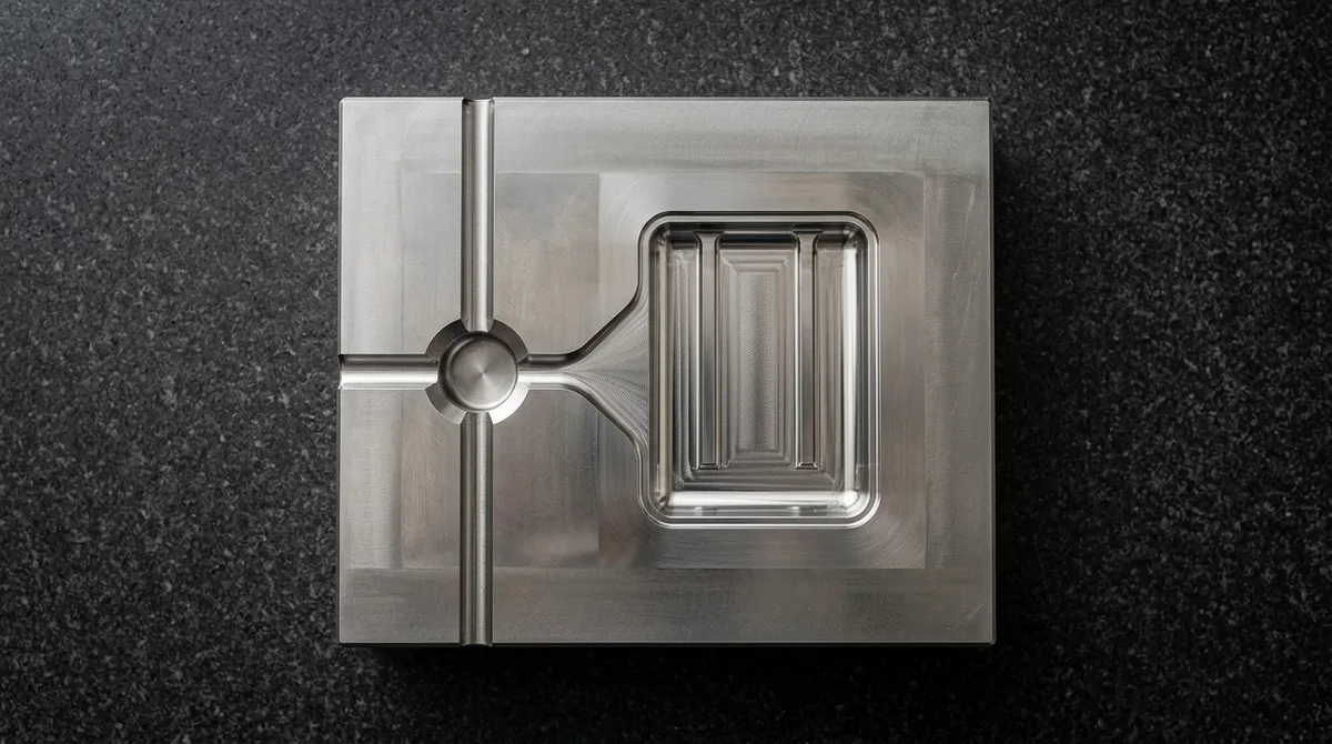 Precision CNC-machined steel injection mold cavity insert showcasing cold slug well and fan gate runner geometry