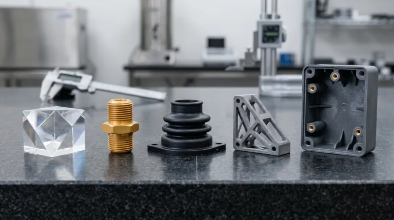 Diverse precision plastic fabrication components including optical PMMA prism, CNC turned PEEK fitting, vacuum cast polyurethane boot, and SLS nylon bracket on granite plate