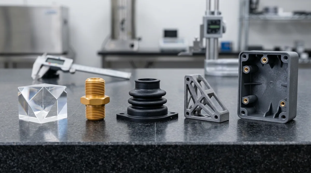 Diverse precision plastic fabrication components including optical PMMA prism, CNC turned PEEK fitting, vacuum cast polyurethane boot, and SLS nylon bracket on granite plate