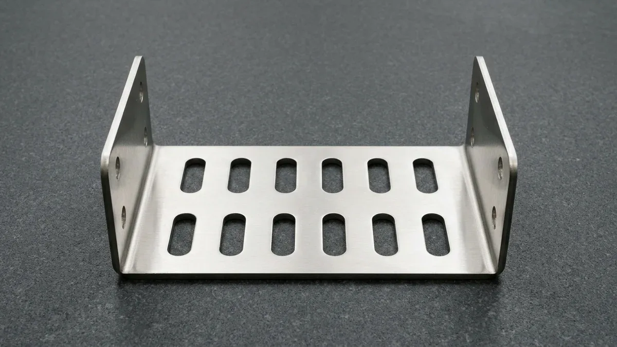 Press-brake formed 2.5mm 304 stainless steel U-channel structural mounting bracket showing concentric R2.5mm bend radii