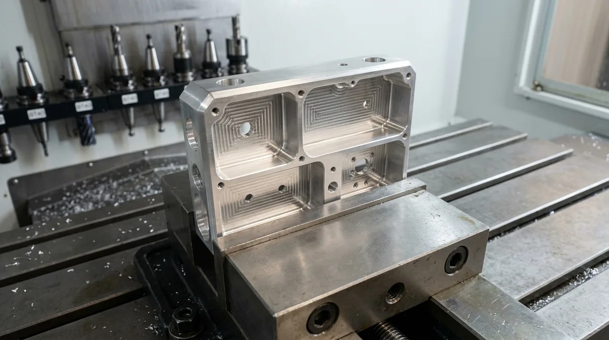 Precision CNC milled aluminum prototype enclosure in machine vise highlighting standardized internal corner radii and uniform wall thicknesses for DFM