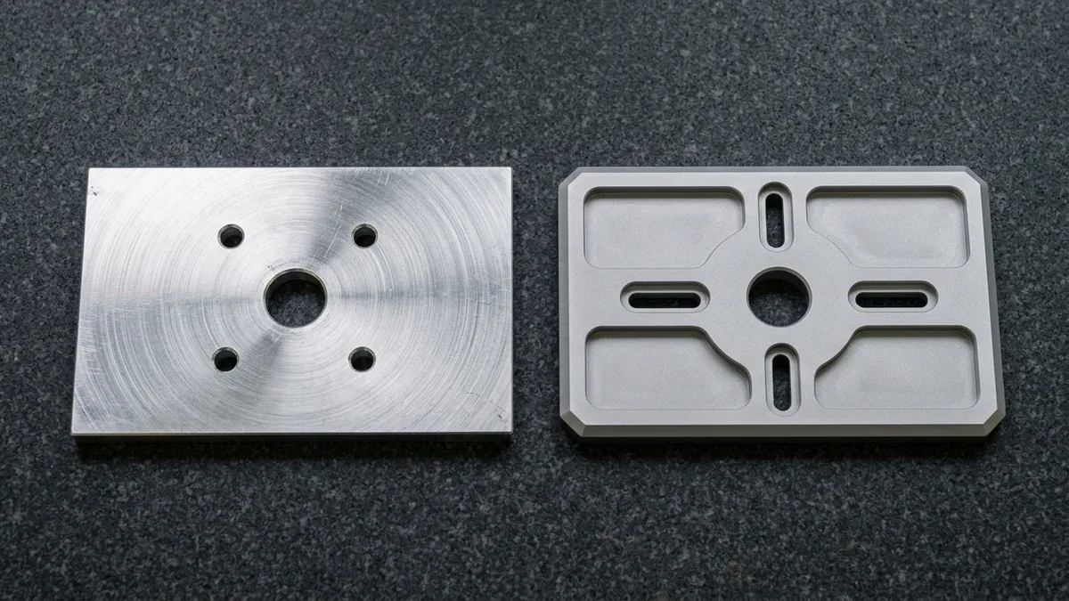 Prototype Design Iteration Rev A vs Rev B CNC Machined Aluminum Servo Mount Plates Two CNC-machined 6061-T6 aluminum servo motor mounting plates comparing flat web and pocketed cruciform stiffening ribs